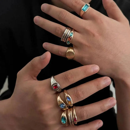 Ingemark 13 Pcs/Set Punk Inlay Colorful Rhinestones Ring for Men Trendy Metal Open Adjustable Rings Stacktable Finger Jewelry