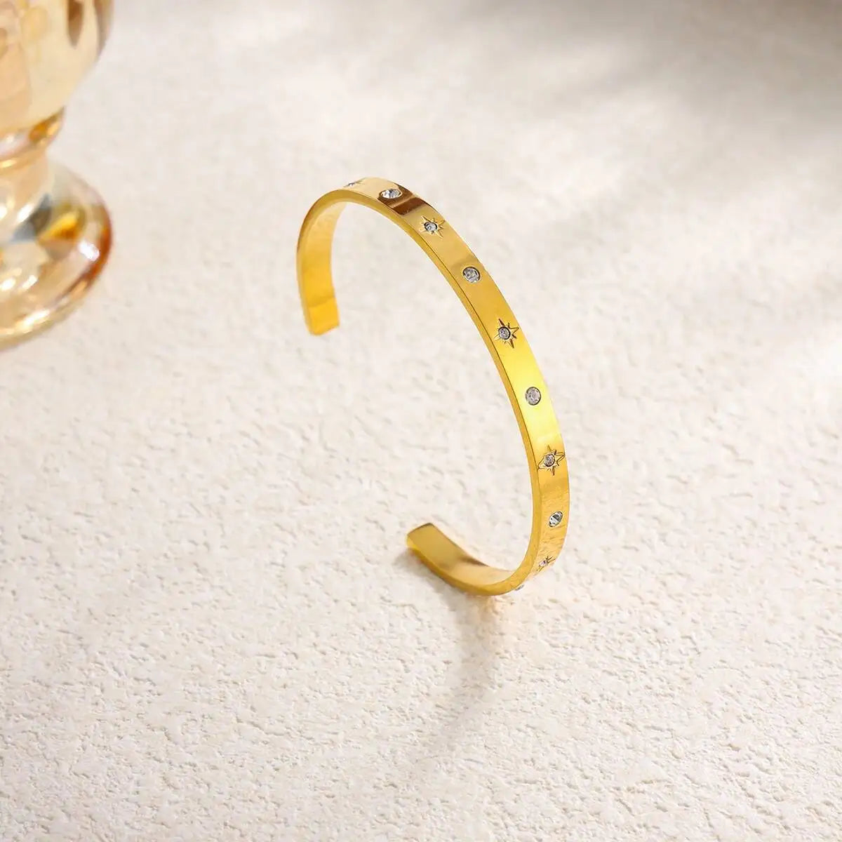 Ingemark Luxury 18K Gold Plated Stainless Steel Bracelets for Women Shiny Zircon Stackable Cuff Open Bangle Waterproof Jewelry