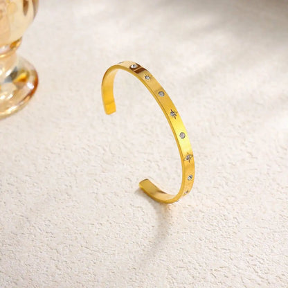 Ingemark Luxury 18K Gold Plated Stainless Steel Bracelets for Women Shiny Zircon Stackable Cuff Open Bangle Waterproof Jewelry