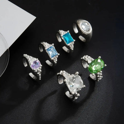 Ingemark 6 Pcs/Set Personality Acrylic Rhinestone Adjustable Open Rings for Women Vintage Stackable Finger Rings Hip Hop Jewelry