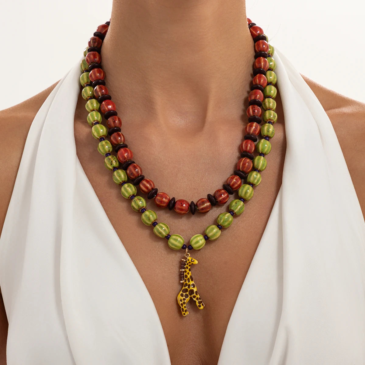 Ingemark 2Pcs/Set Trendy Red Greend Ceramics Beaded Chokers Necklace Women Vintage Stacked Giraffe Pendant Necklace Boho Jewelry
