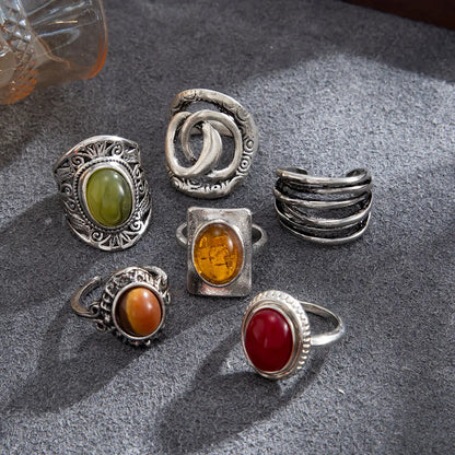 Ingemark 6 Pcs/Set Ethnic Style Colorful Resin Acrylic Rings for Women Retro Stacked Irregular Chunky Ring Daily Wear Jewelry