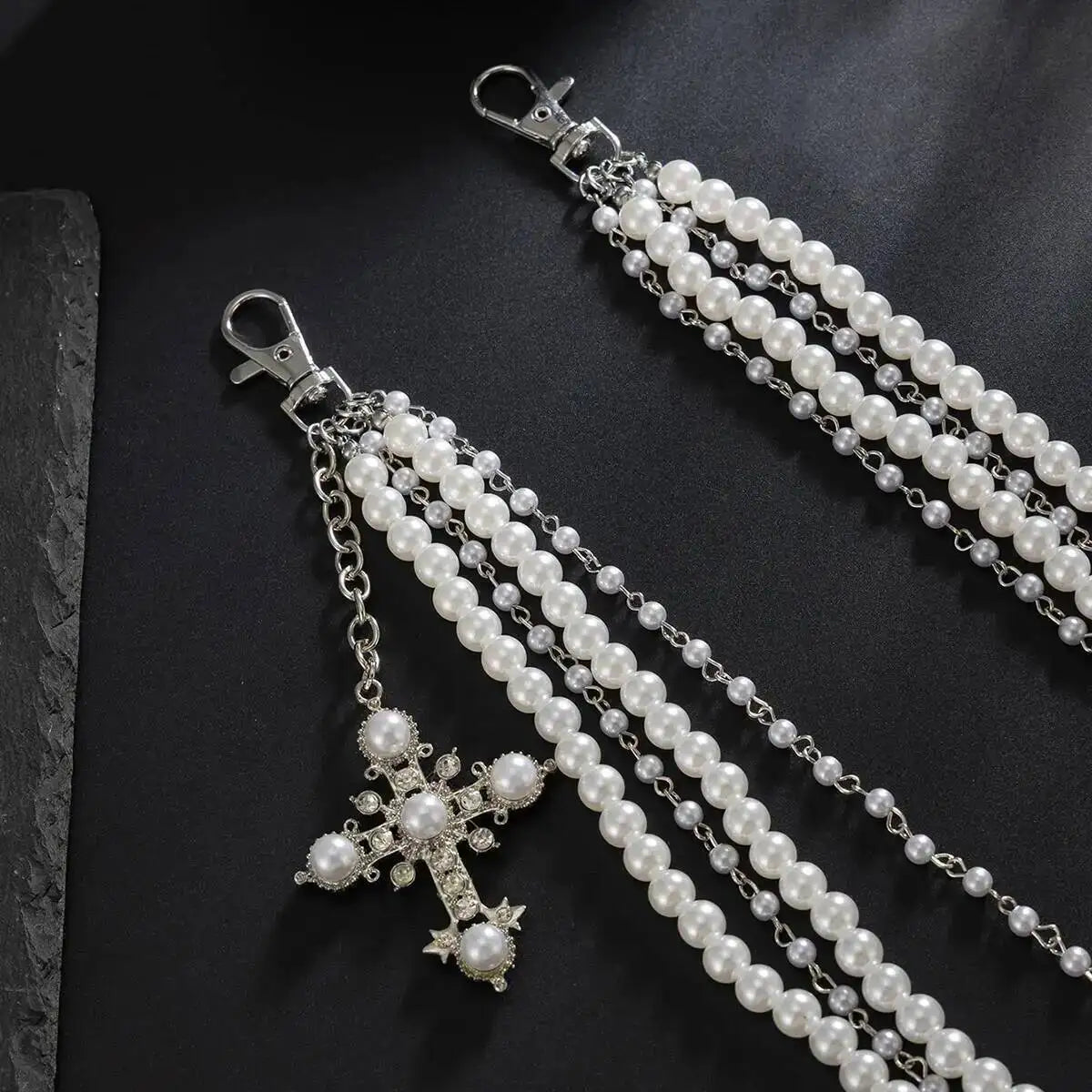 Men's Hip Hop Trend Exquisite Multilayer Imitation Pearl Keychain Cross Pendant Wallet Belt Chain Jewelry Accessory