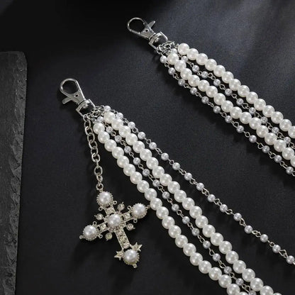 Men's Hip Hop Trend Exquisite Multilayer Imitation Pearl Keychain Cross Pendant Wallet Belt Chain Jewelry Accessory