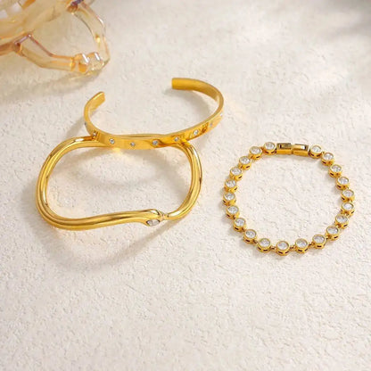 Ingemark Luxury 18K Gold Plated Stainless Steel Bracelets for Women Shiny Zircon Stackable Cuff Open Bangle Waterproof Jewelry