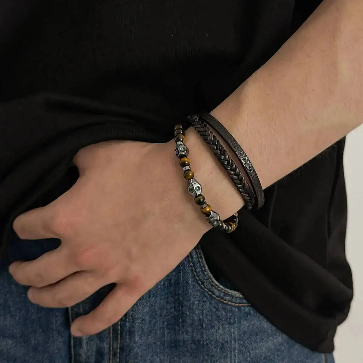 Ingemark Vintage Multi Layer Woven Wide Leather Bracelet for Men Trend Goth Stainless Steel Cross Charm Bangle Male Hand Jewelry