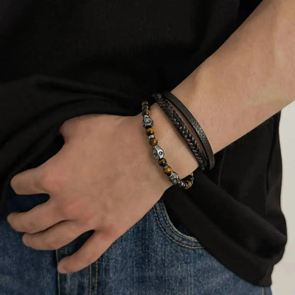 Ingemark Vintage Multi Layer Woven Wide Leather Bracelet for Men Trend Goth Stainless Steel Cross Charm Bangle Male Hand Jewelry