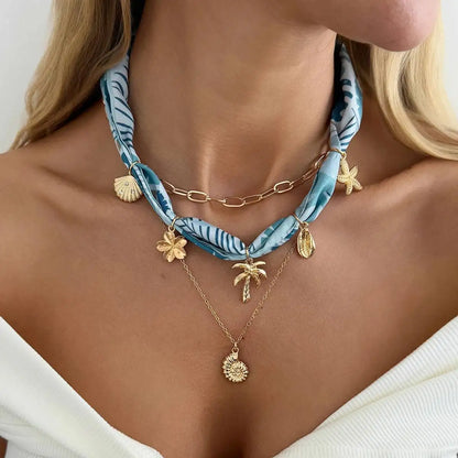 Ingemark 3Pcs/Set Boho Scarf Ribbon Choker Necklace Women Vintage Cross Sun Flower Starfish Conch Coconut Tree Pendant Necklace