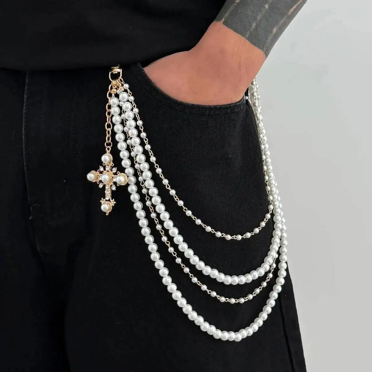 Men's Hip Hop Trend Exquisite Multilayer Imitation Pearl Keychain Cross Pendant Wallet Belt Chain Jewelry Accessory
