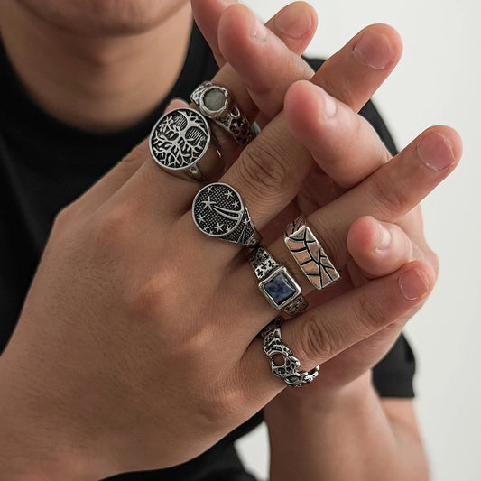 Ingemark 6Pcs/Set Vintage Inlay Stone Open Rings for Men Punk Silver Color Tree of Life Irregular Adjustable Ring Male Jewelry