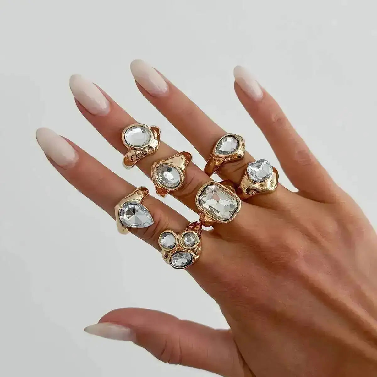 Ingemark 7 Pcs Personalized Sparkling Rhinestone Adjustable Open Rings Set for Women Punk Waterdrop Square Stackable Finger Ring