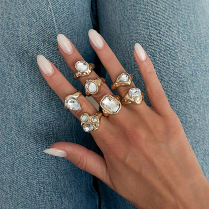 Ingemark 7 Pcs Personalized Sparkling Rhinestone Adjustable Open Rings Set for Women Punk Waterdrop Square Stackable Finger Ring