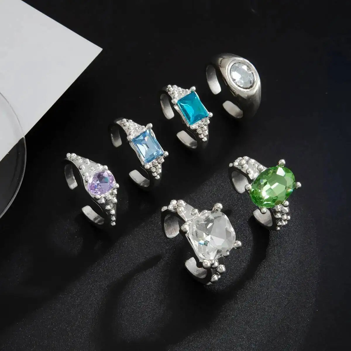 Ingemark 6 Pcs/Set Personality Acrylic Rhinestone Adjustable Open Rings for Women Vintage Stackable Finger Rings Hip Hop Jewelry