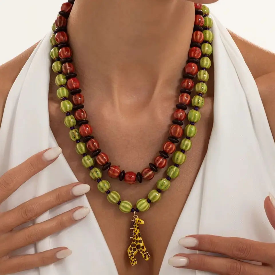 Ingemark 2Pcs/Set Trendy Red Greend Ceramics Beaded Chokers Necklace Women Vintage Stacked Giraffe Pendant Necklace Boho Jewelry