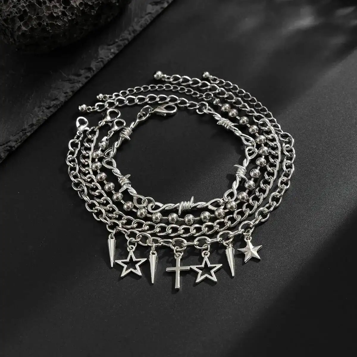 Trendy Multi Layer Stackable Cuban Chain Bracelet Men Hip Hop Pentagram Jesus Cross Rivet Pendant Bracelet Punk Jewelry