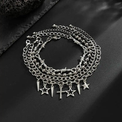 Trendy Multi Layer Stackable Cuban Chain Bracelet Men Hip Hop Pentagram Jesus Cross Rivet Pendant Bracelet Punk Jewelry