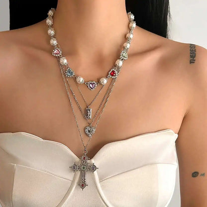Ingemark Multilayer Rhinestone Love Heart Imitation Pearl Chain Necklace Women Creative Jesus Cross Pendant Choker Y2K Jewelry