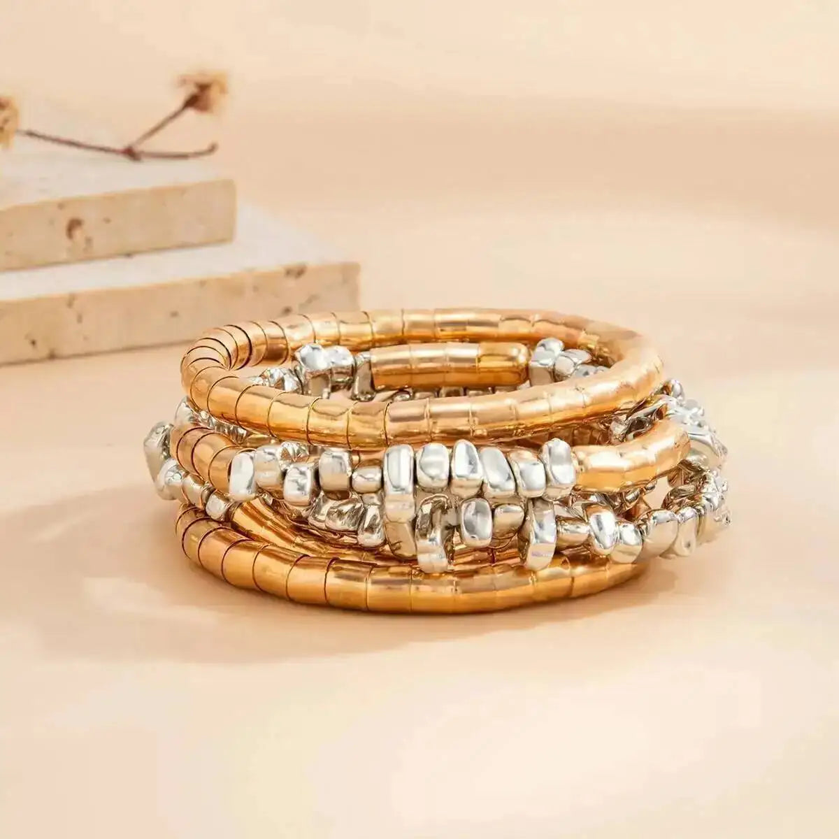 Ingemark 5 Pcs/Set Vintage Wood Beaded Elastic Bracelet for Women Classic Layering Bracelets Charm Bangles Hand Jewelry Gifts