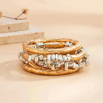 Ingemark 5 Pcs/Set Vintage Wood Beaded Elastic Bracelet for Women Classic Layering Bracelets Charm Bangles Hand Jewelry Gifts