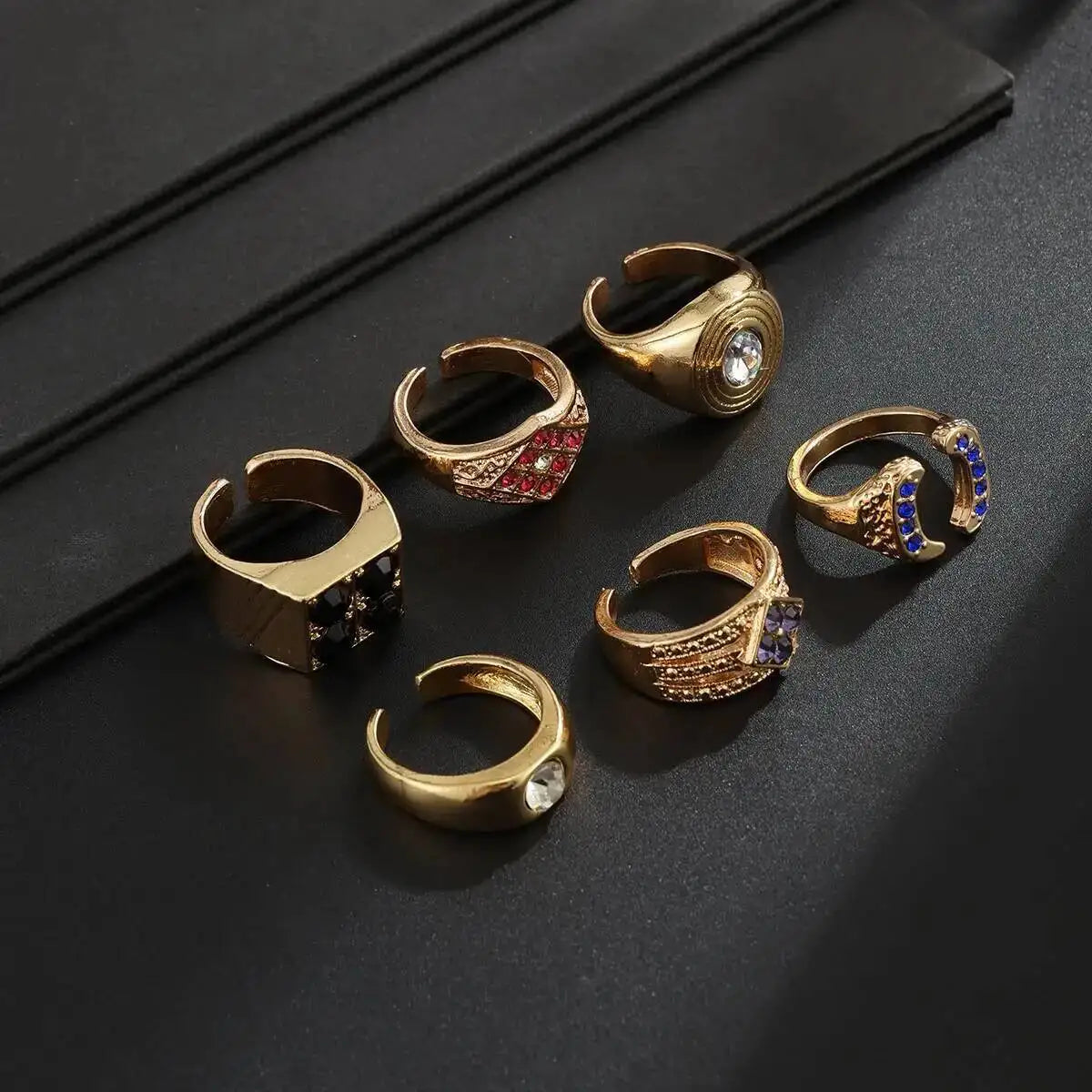 Ingemark 6 Pcs Hip Hop Colorful Rhinestones Adjustable Open Rings Set for Men Punk Retro Irregular Stackable Chunky Finger Ring