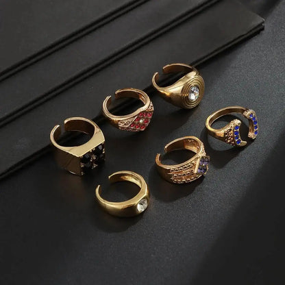 Ingemark 6 Pcs Hip Hop Colorful Rhinestones Adjustable Open Rings Set for Men Punk Retro Irregular Stackable Chunky Finger Ring