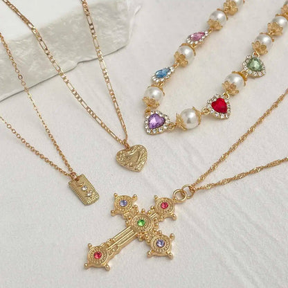 Ingemark Multilayer Rhinestone Love Heart Imitation Pearl Chain Necklace Women Creative Jesus Cross Pendant Choker Y2K Jewelry