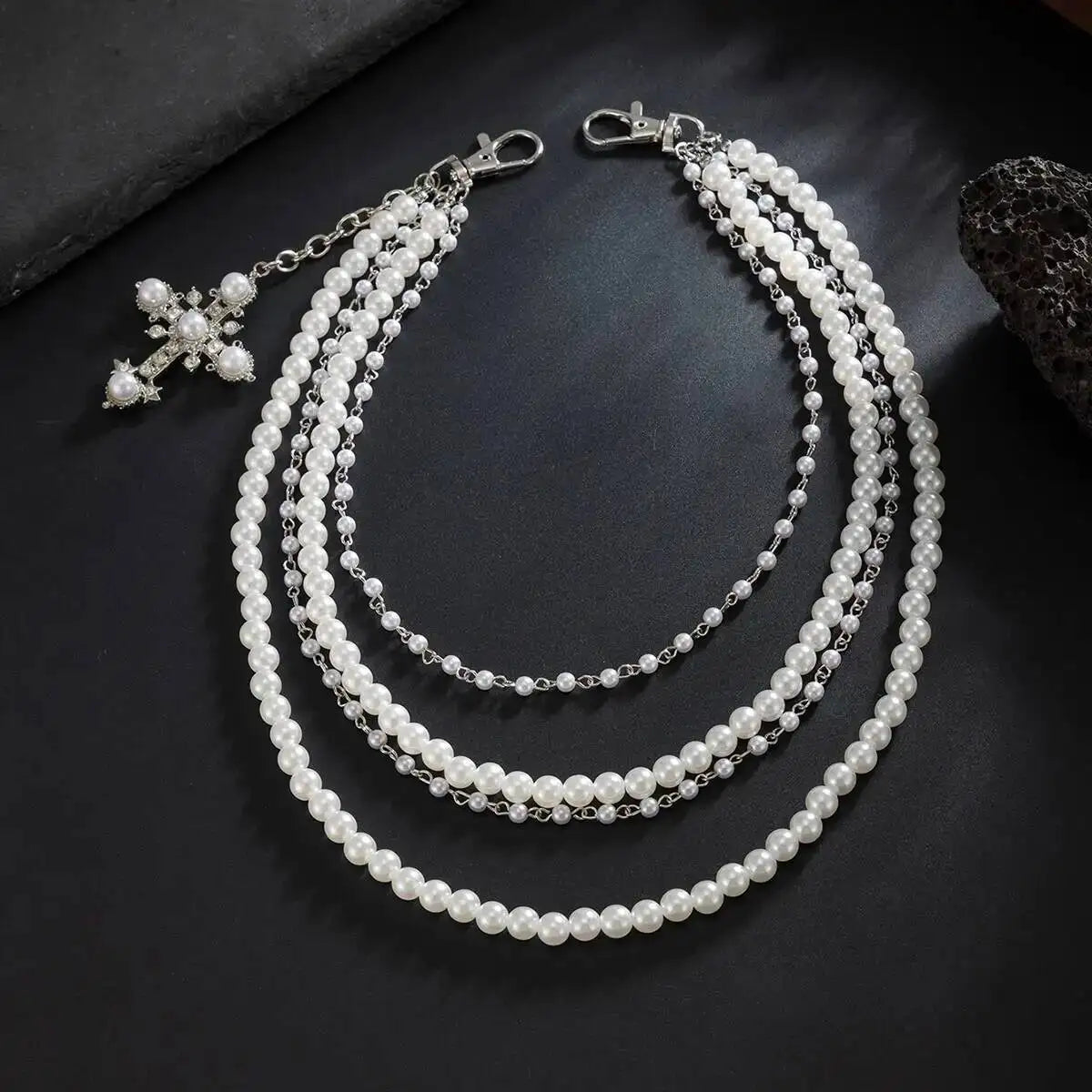 Men's Hip Hop Trend Exquisite Multilayer Imitation Pearl Keychain Cross Pendant Wallet Belt Chain Jewelry Accessory
