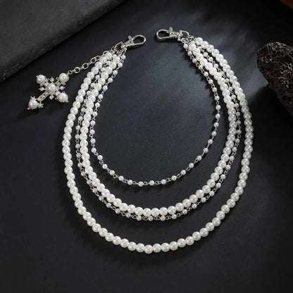 Men's Hip Hop Trend Exquisite Multilayer Imitation Pearl Keychain Cross Pendant Wallet Belt Chain Jewelry Accessory