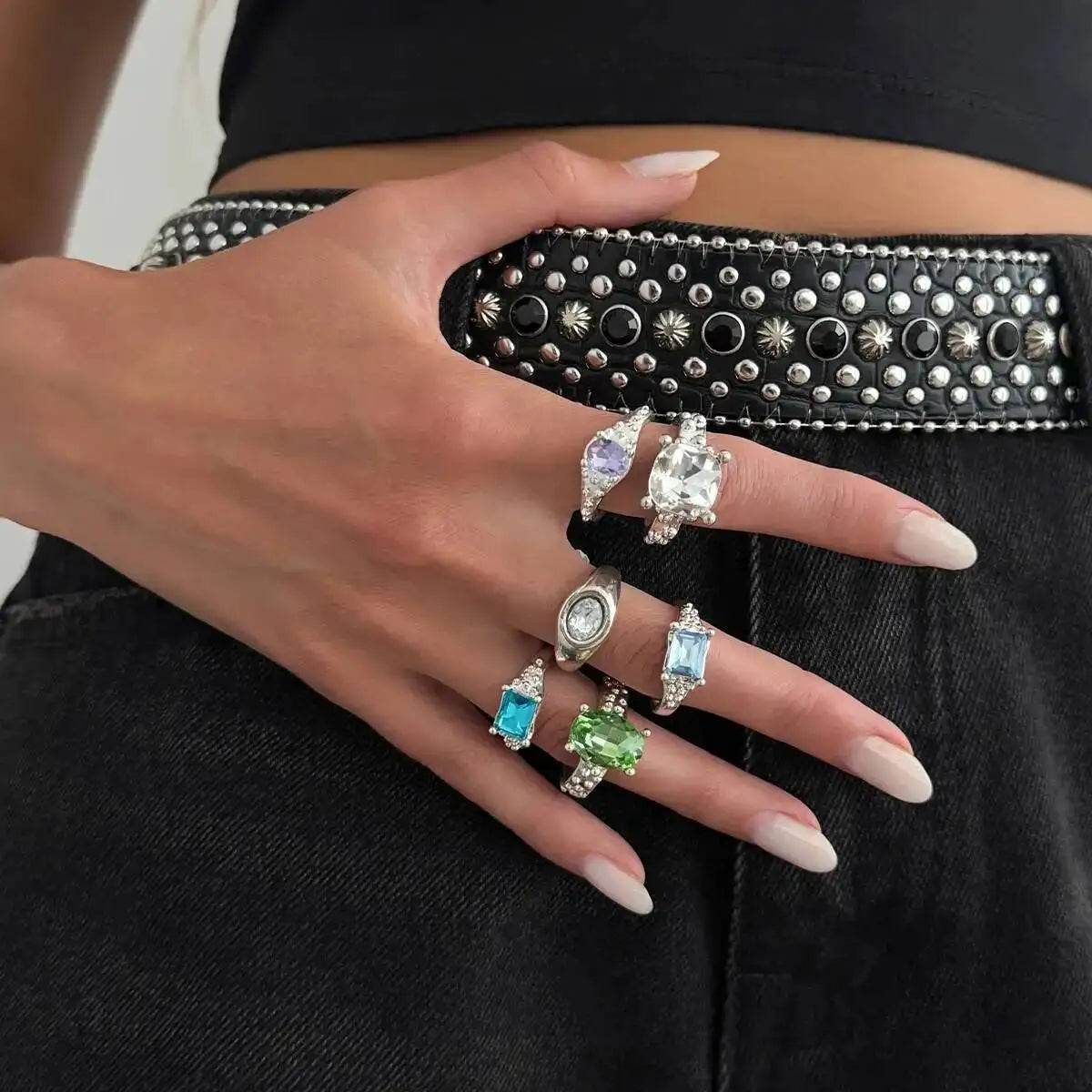 Ingemark 6 Pcs/Set Personality Acrylic Rhinestone Adjustable Open Rings for Women Vintage Stackable Finger Rings Hip Hop Jewelry