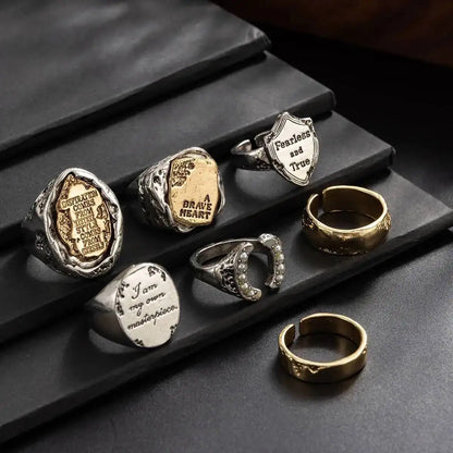 Ingemark 7 Pcs Punk Irregular Letter Chunky Open Rings Set for Men Hip Hop Metal Adjustable Knuckle Rings Grunge Jewelry New