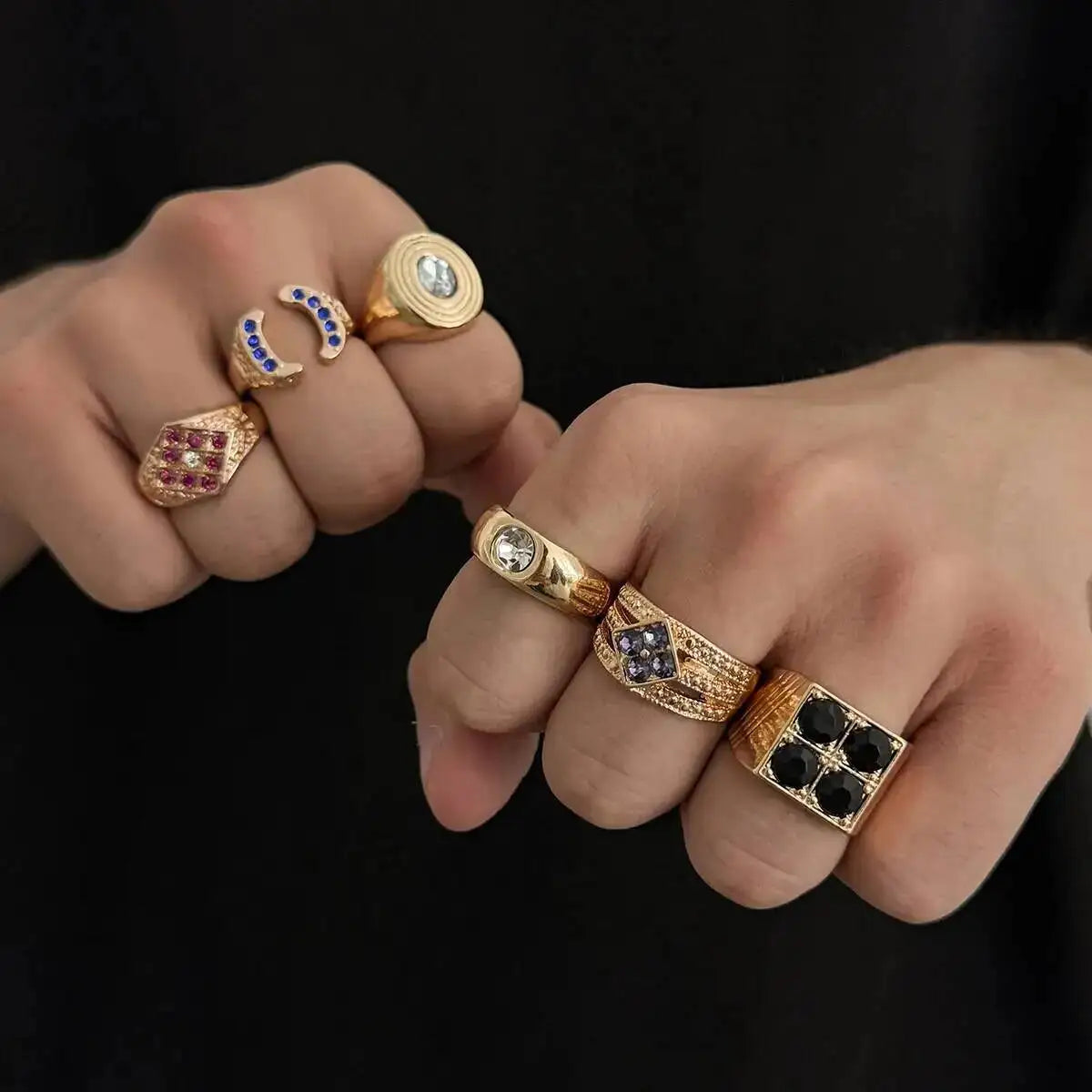Ingemark 6 Pcs Hip Hop Colorful Rhinestones Adjustable Open Rings Set for Men Punk Retro Irregular Stackable Chunky Finger Ring