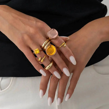 Ingemark 7-piece Inlaid Acrylic Resin Adjustable Open Rings Set Women New Trendy Gold Color Stackable Knuckle Ring Party Jewelry
