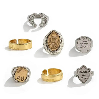Ingemark 7 Pcs Punk Irregular Letter Chunky Open Rings Set for Men Hip Hop Metal Adjustable Knuckle Rings Grunge Jewelry New