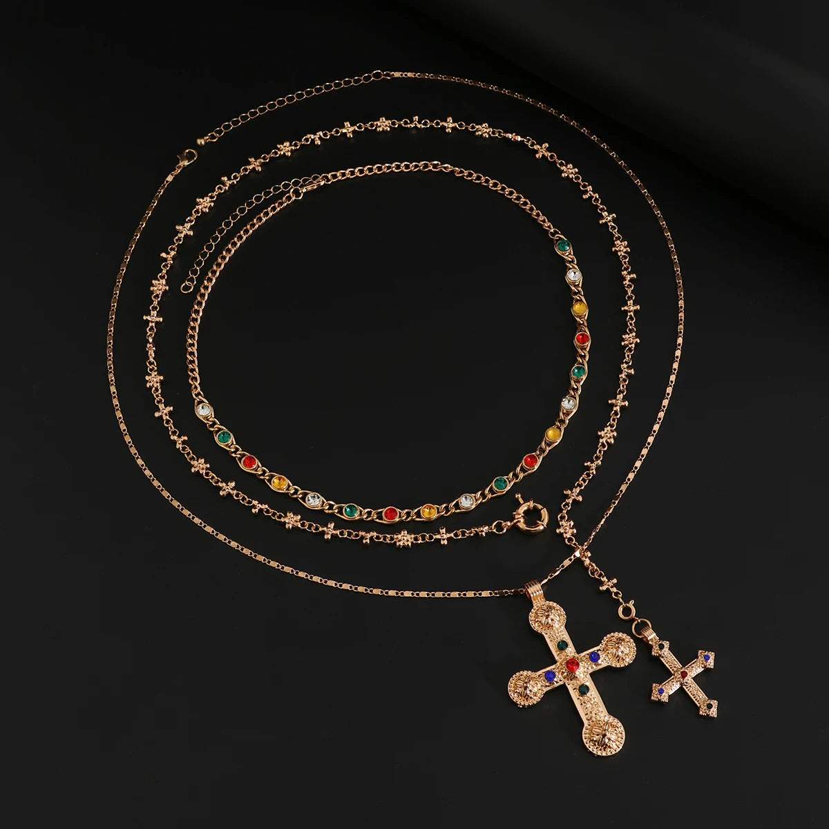 Ingemark 3Pcs Luxury Inlaid Rhinestone Imitating Pearl Chain Necklace Vintage Jesus Cross Pendant Choker Christian Jewelry Men