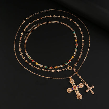 Ingemark 3Pcs Luxury Inlaid Rhinestone Imitating Pearl Chain Necklace Vintage Jesus Cross Pendant Choker Christian Jewelry Men