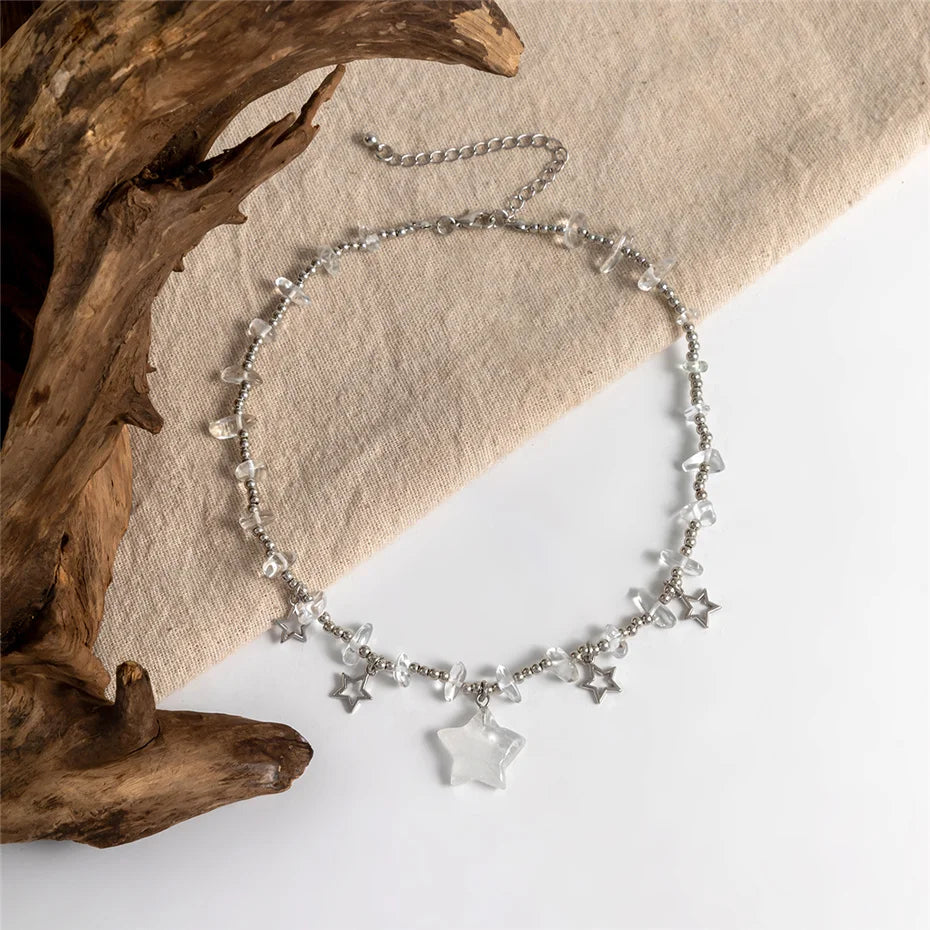 Boho Colorful Irregular Stone Hollow Star Pendant Choker Necklace Women Summer Goth Beads Chain Y2K Jewelry Accessories