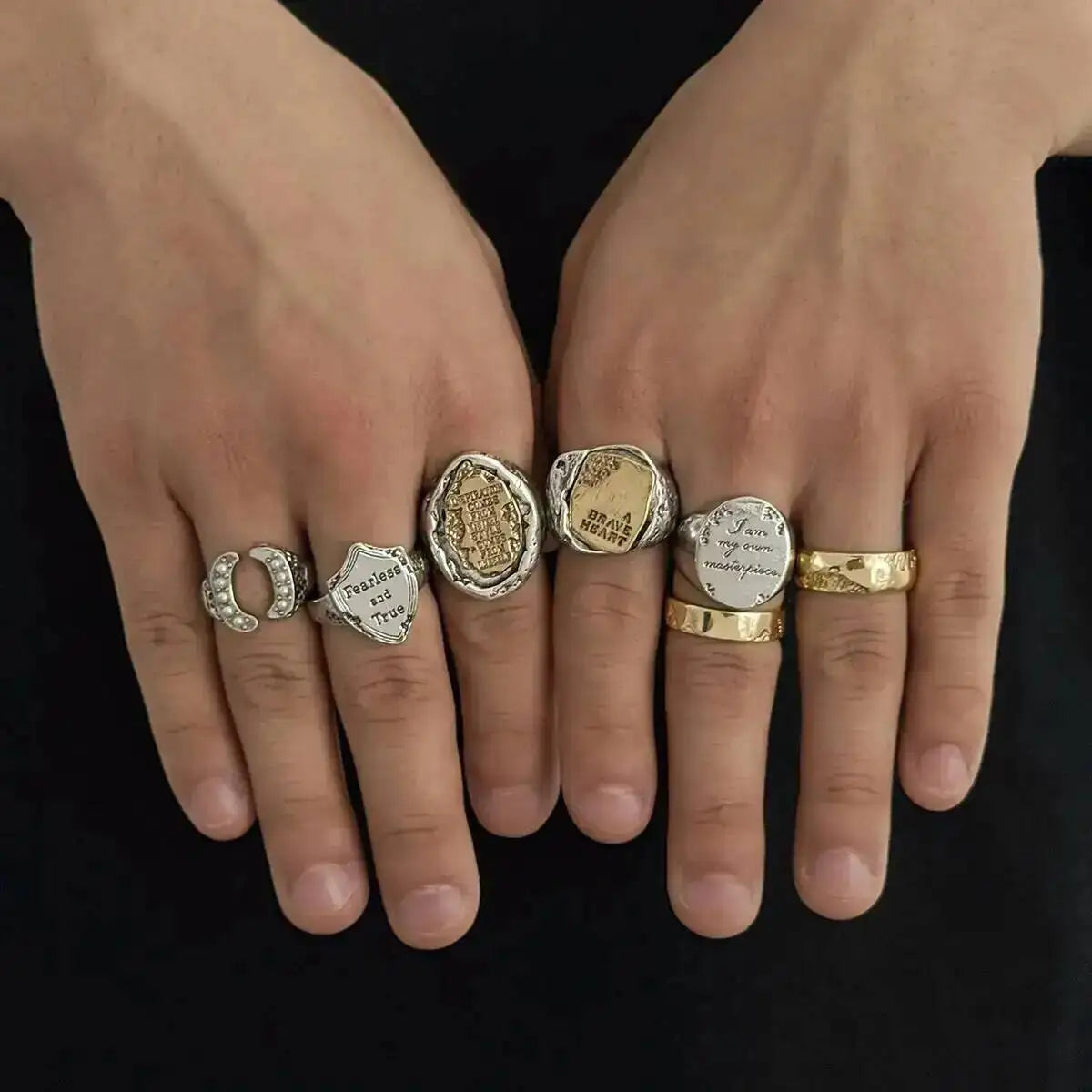 Ingemark 7 Pcs Punk Irregular Letter Chunky Open Rings Set for Men Hip Hop Metal Adjustable Knuckle Rings Grunge Jewelry New