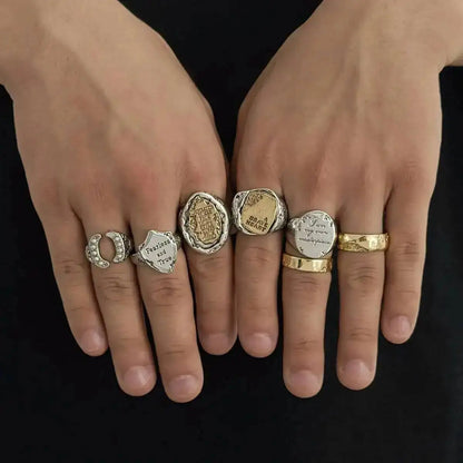 Ingemark 7 Pcs Punk Irregular Letter Chunky Open Rings Set for Men Hip Hop Metal Adjustable Knuckle Rings Grunge Jewelry New