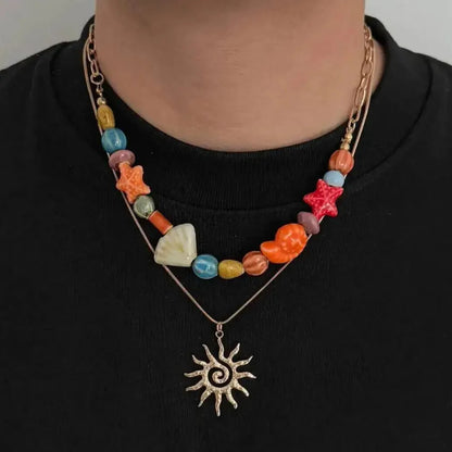 Ingemark 2 Pcs/Set Hip Hop Colorful Ceramic Sea Star Conch Bead Choker Necklace for Men Punk Retro Spiral Sun Pendant Necklaces