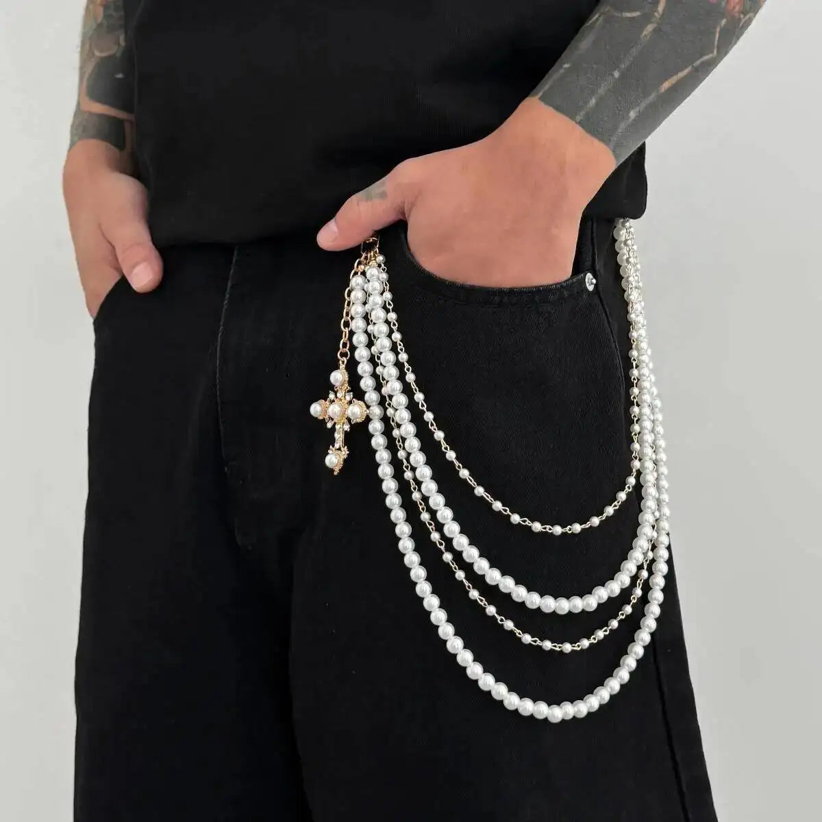 Men's Hip Hop Trend Exquisite Multilayer Imitation Pearl Keychain Cross Pendant Wallet Belt Chain Jewelry Accessory