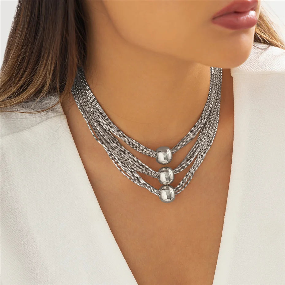 Ingemark Gothic Layered Big Ball Pendant Choker Necklace Women Punk Chunky Thick Box Clavicle Chain Grunge Jewelry Steampunk Men