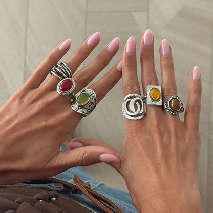 Ingemark 6 Pcs/Set Ethnic Style Colorful Resin Acrylic Rings for Women Retro Stacked Irregular Chunky Ring Daily Wear Jewelry