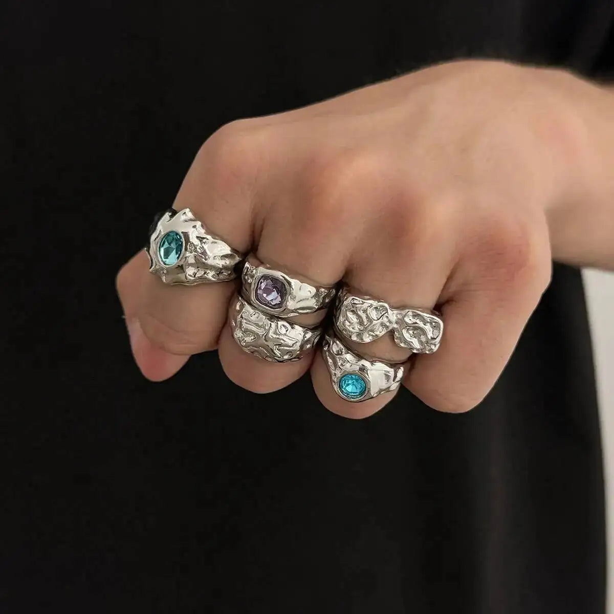 Ingemark 5 Pcs/Set Punk Colorful Acrylic Rhinestone Adjustable Open Ring for Men Hip Hop Retro Geometry Chunky Ring Male Jewelry