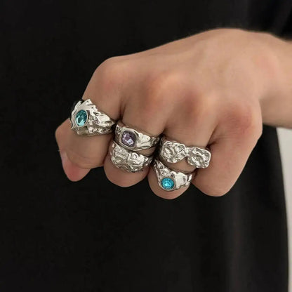 Ingemark 5 Pcs/Set Punk Colorful Acrylic Rhinestone Adjustable Open Ring for Men Hip Hop Retro Geometry Chunky Ring Male Jewelry