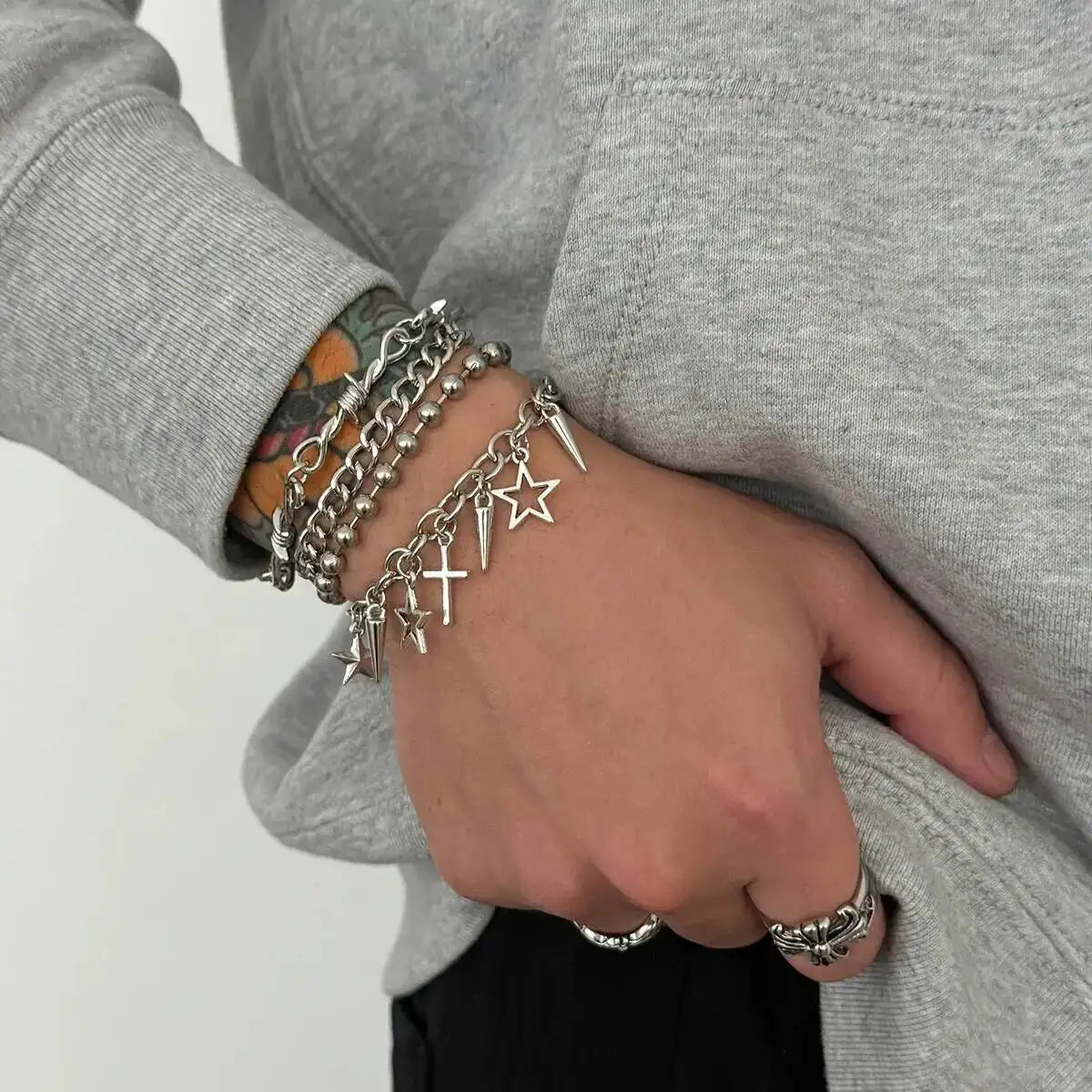 Trendy Multi Layer Stackable Cuban Chain Bracelet Men Hip Hop Pentagram Jesus Cross Rivet Pendant Bracelet Punk Jewelry