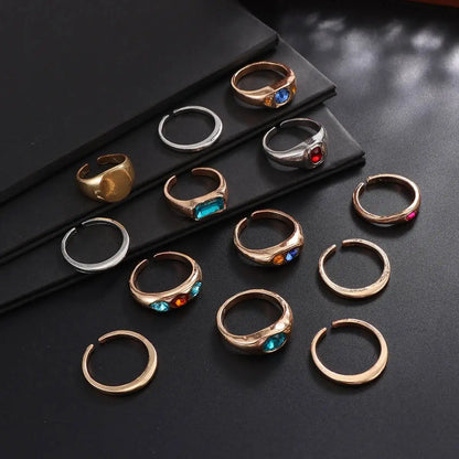 Ingemark 13 Pcs/Set Punk Inlay Colorful Rhinestones Ring for Men Trendy Metal Open Adjustable Rings Stacktable Finger Jewelry