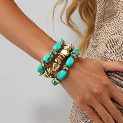 Ingemark 3Pcs/Set Baroque Acrylic Resin Beaded Bracelet for Women Vintage Boho Stacked Elastic Bangles Charm Jewelry Accessories
