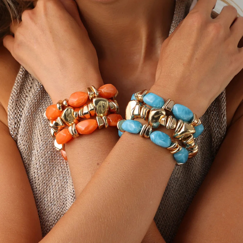 Ingemark 3Pcs/Set Baroque Acrylic Resin Beaded Bracelet for Women Vintage Boho Stacked Elastic Bangles Charm Jewelry Accessories