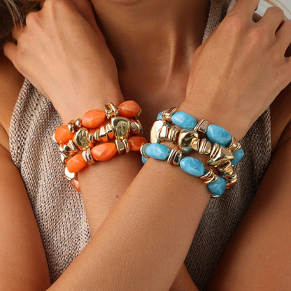 Ingemark 3Pcs/Set Baroque Acrylic Resin Beaded Bracelet for Women Vintage Boho Stacked Elastic Bangles Charm Jewelry Accessories