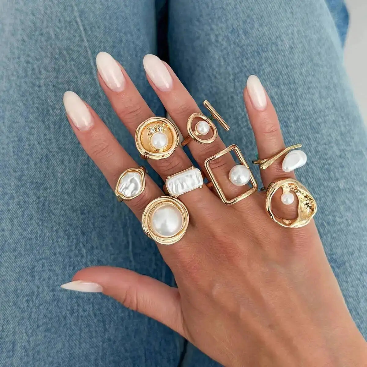 Ingemark 8Pcs/Set Bohemian Imitation Pearl Open Rings for Women New Trendy Irregular Adjustable Finger Ring Baroque Jewelry Gift